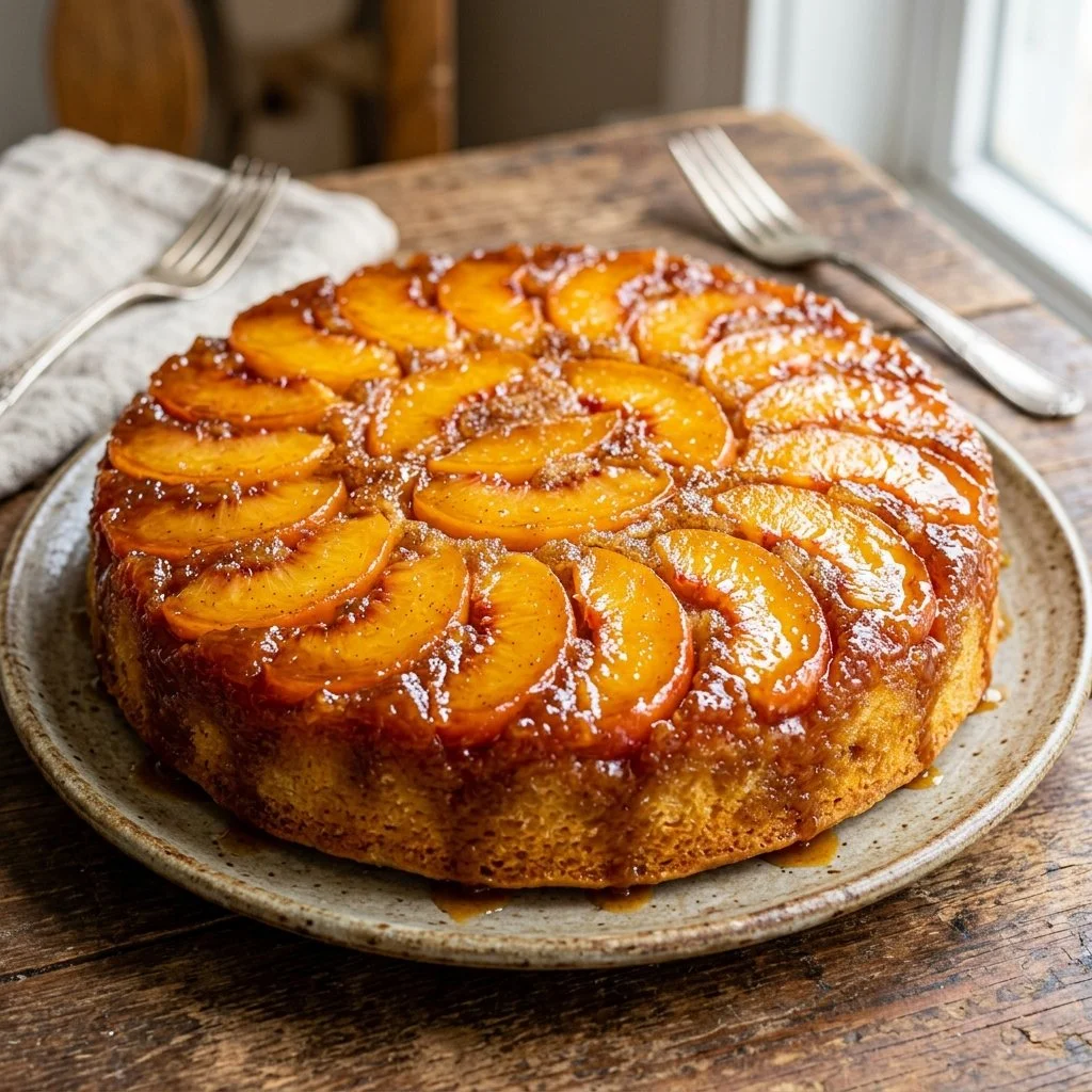 Delicious Peach Upside Down Cake with caramelized peaches and moist texture