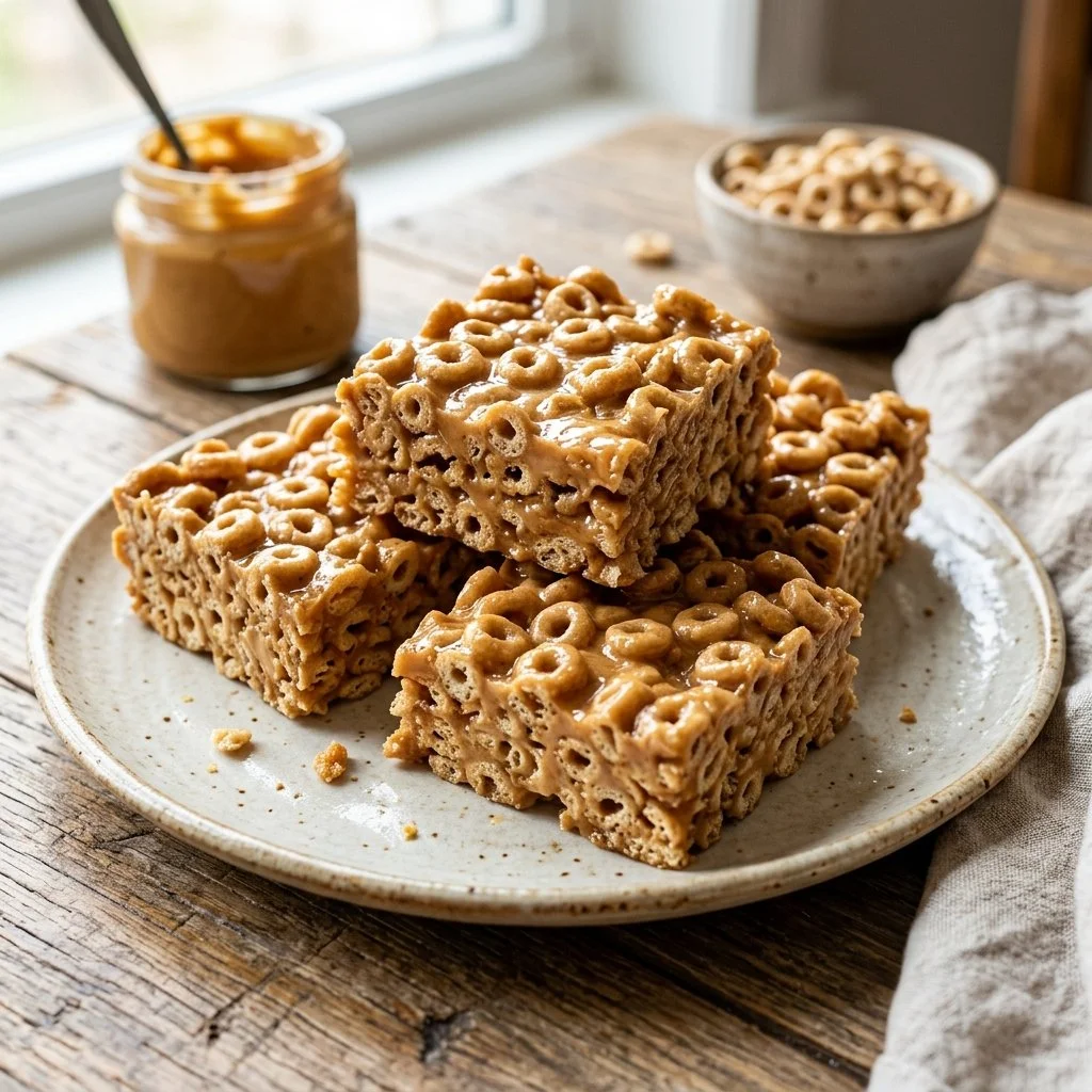 Peanut Butter Cheerio Bars on a plate, a quick and delicious snack recipe.