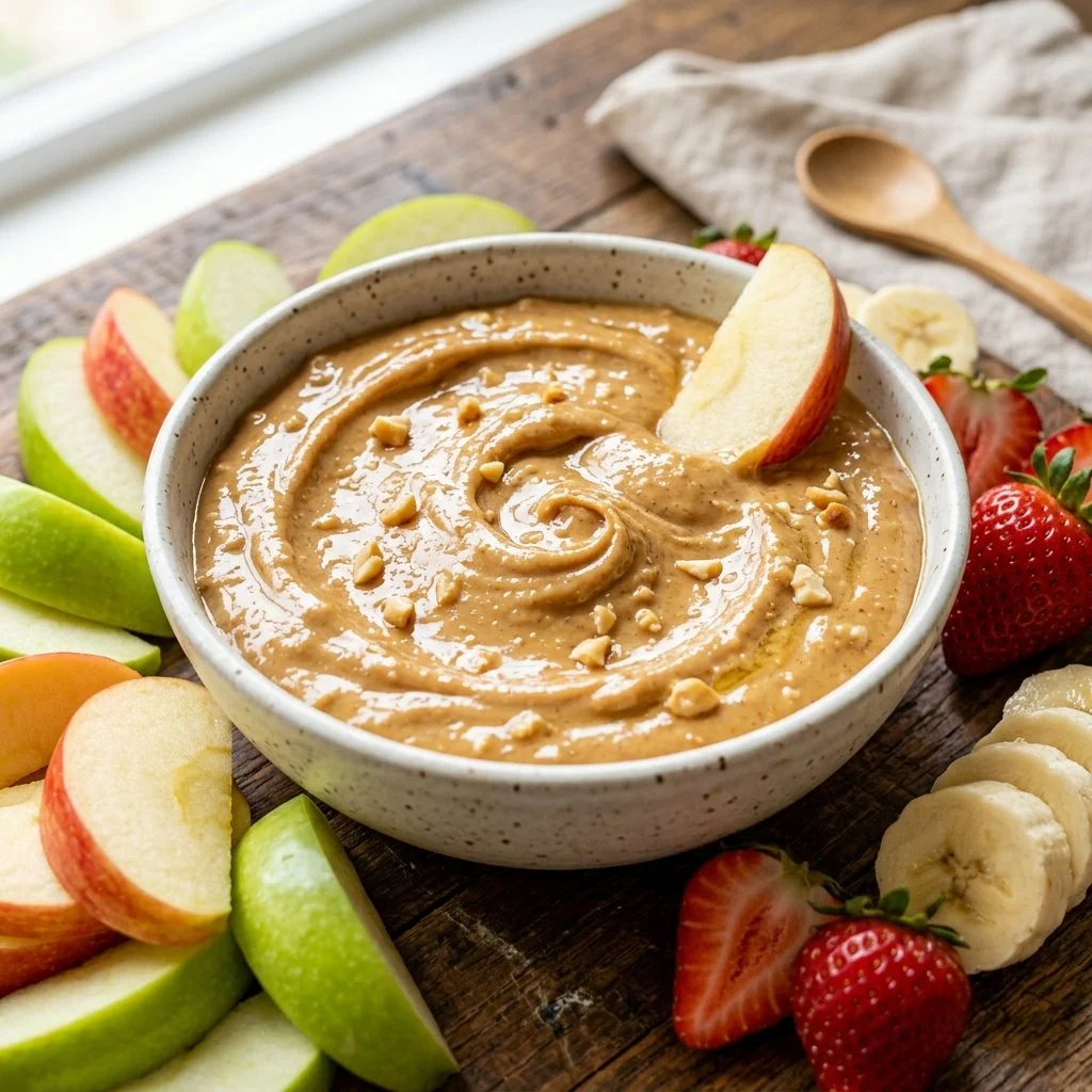 Creamy peanut butter fruit dip served with fresh fruits for dipping