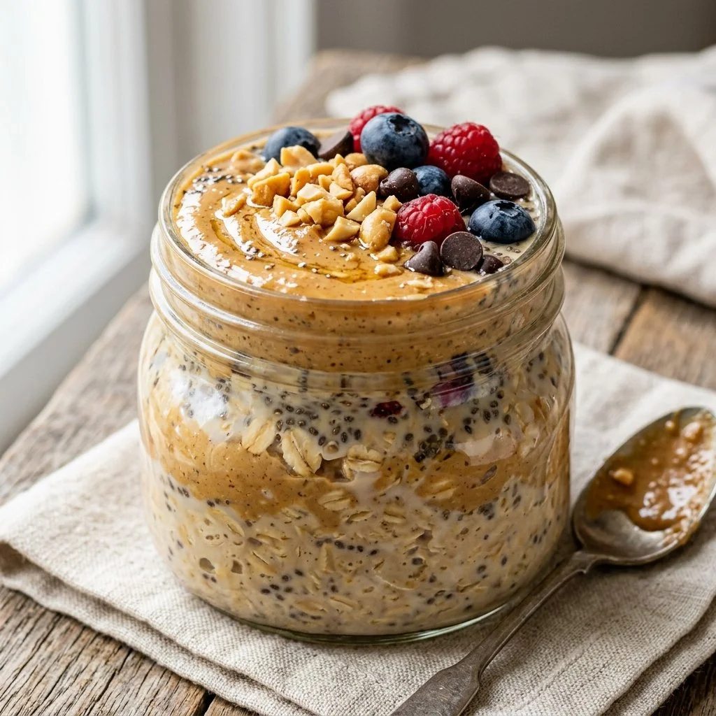 Bowl of peanut butter overnight oats topped with banana and chia seeds