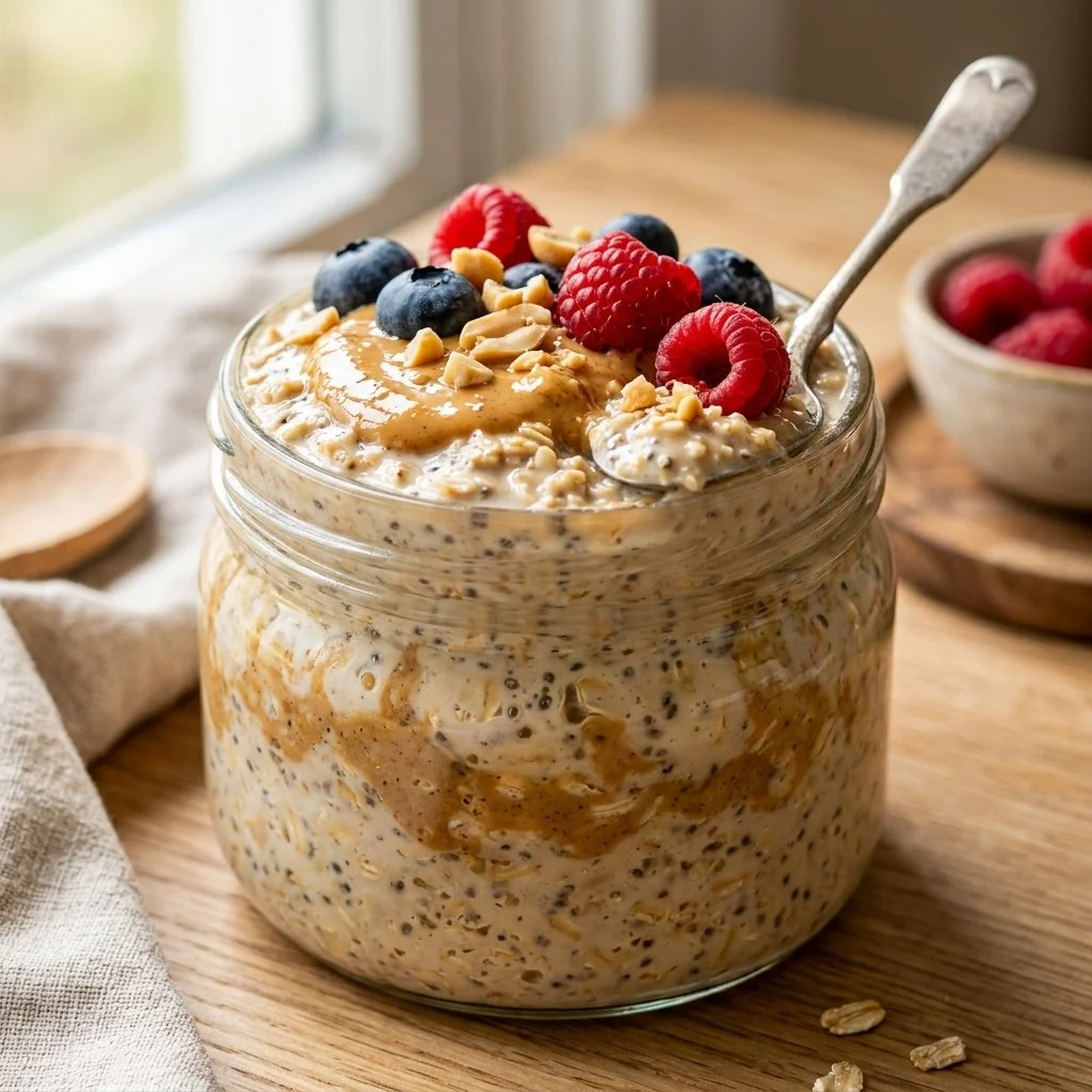 Bowl of peanut butter overnight oats topped with sliced bananas and chia seeds