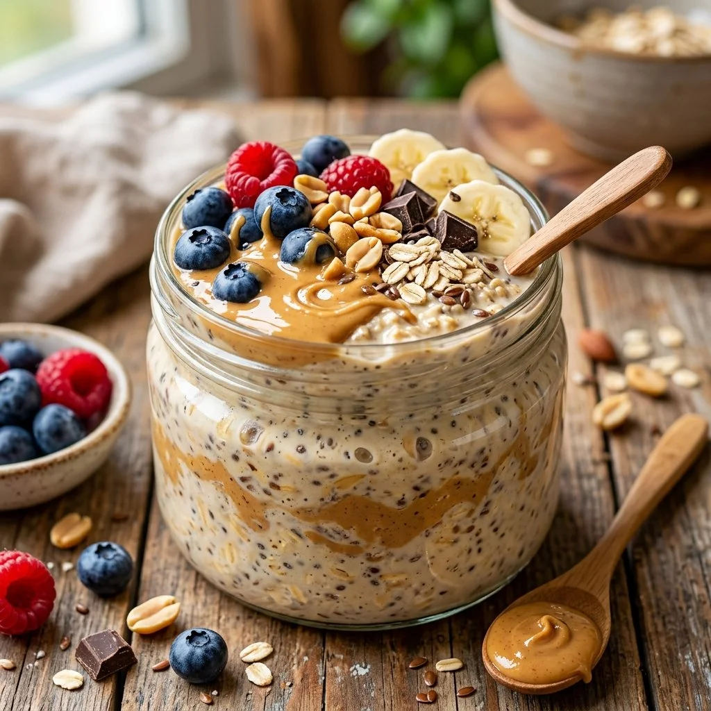 Bowl of peanut butter overnight oats topped with fruits and nuts, healthy breakfast option