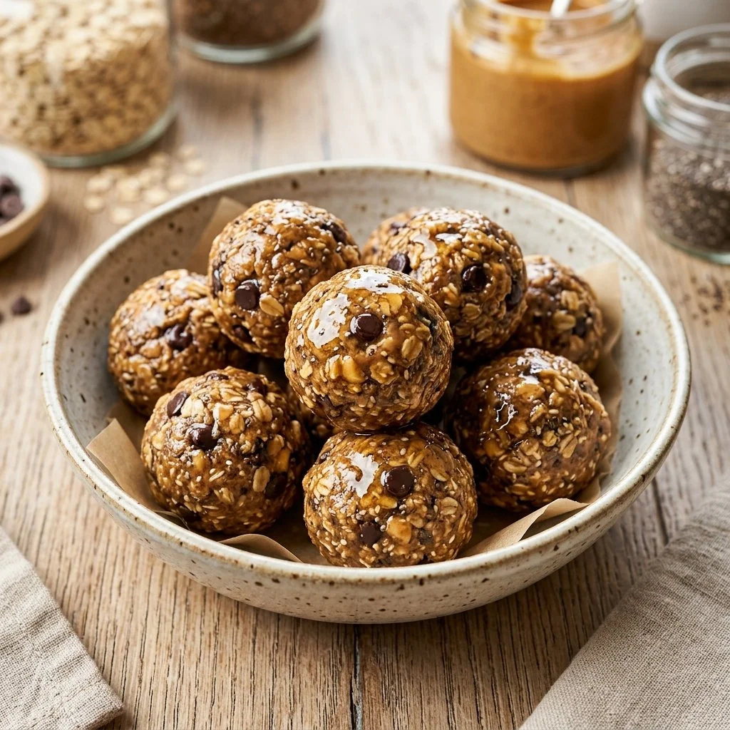 Peanut butter protein balls on a wooden plate garnished with nuts