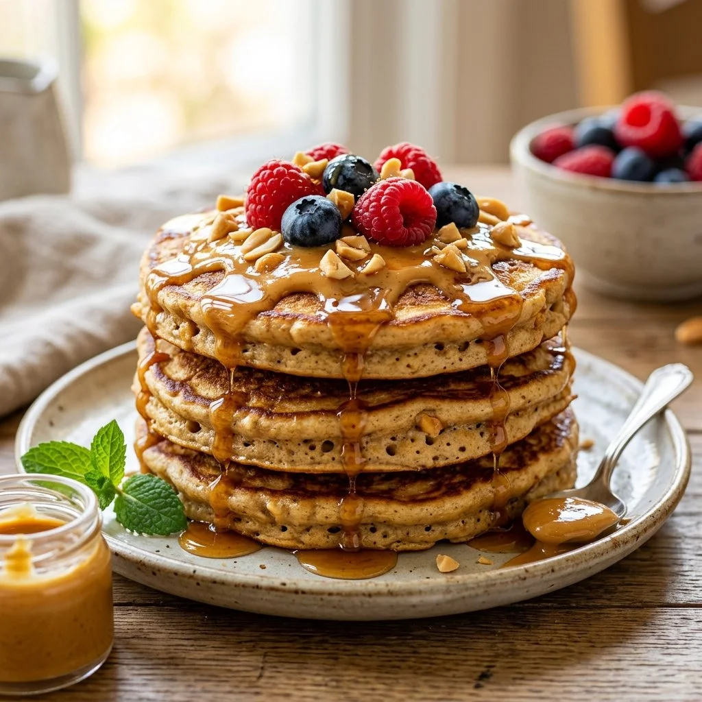 Delicious peanut butter protein pancakes topped with syrup and berries
