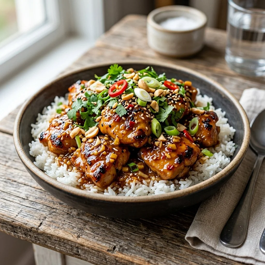 Delicious Peanut Ginger Chicken served on a plate with peanuts and fresh herbs.
