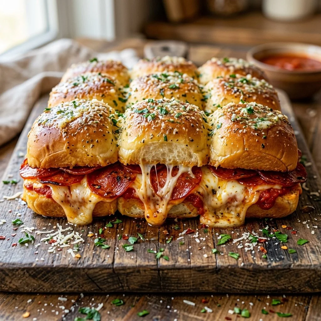 Pepperoni pizza sliders fresh out of the oven, topped with cheese and pepperoni.