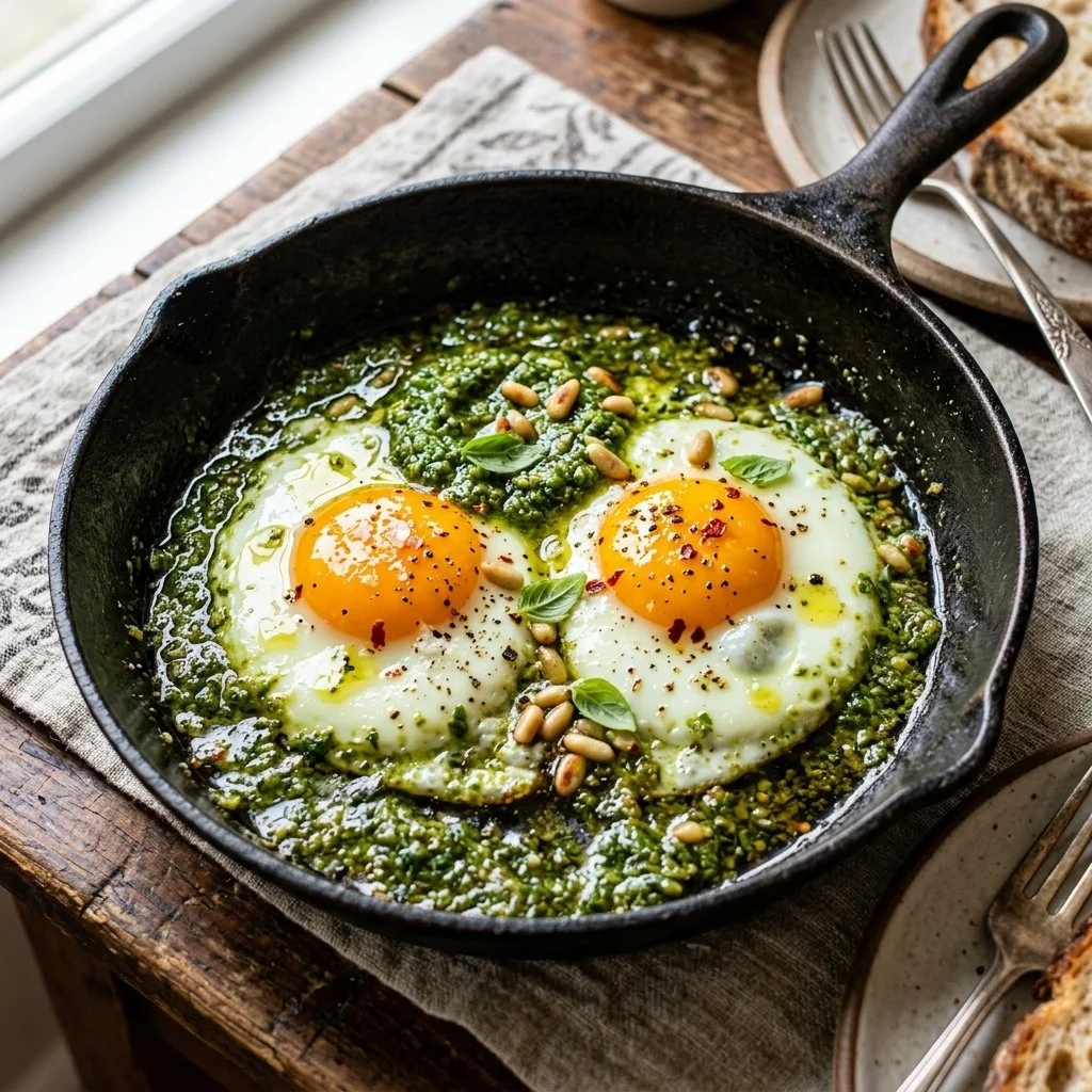 Delicious Pesto Eggs served in a bowl with herbs and spices