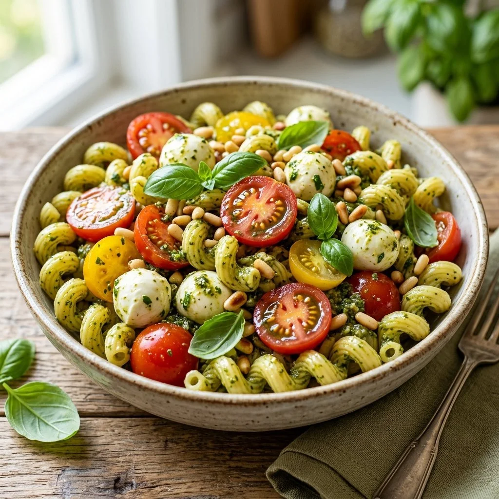 Delicious pesto pasta salad with fresh vegetables and herbs