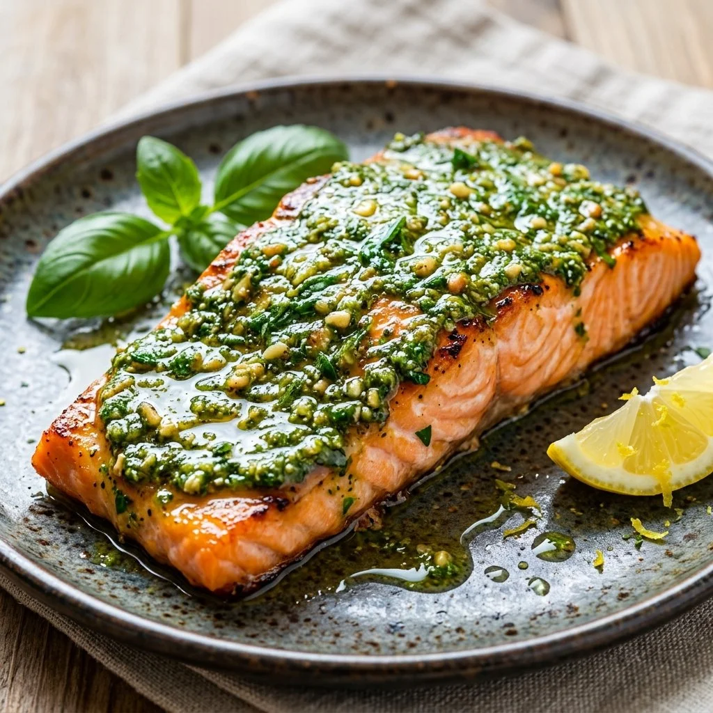 Delicious Pesto Salmon dish topped with fresh basil and served on a plate.