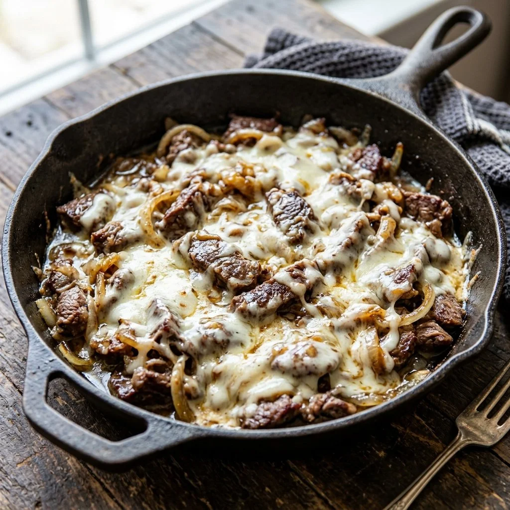 Philly Cheesesteak Skillet with beef, peppers, and melted cheese