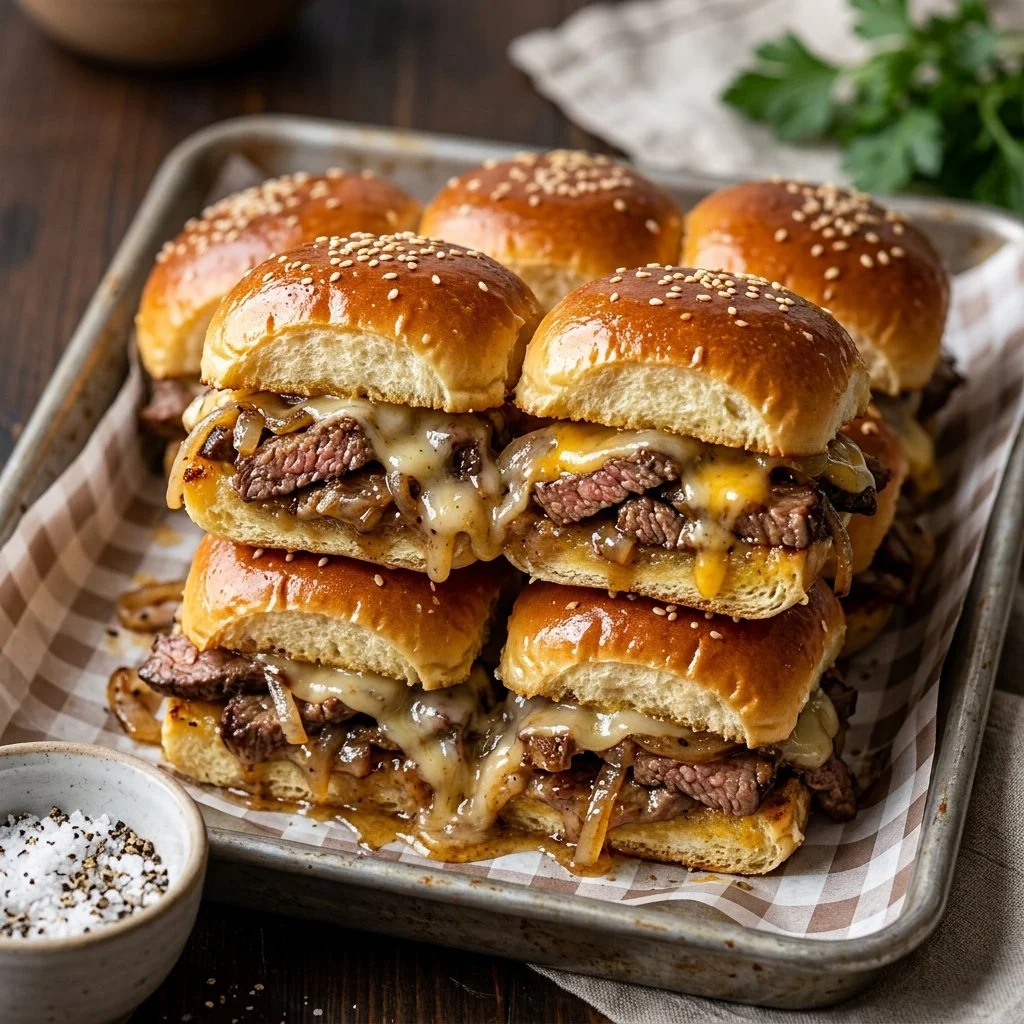 Philly Cheesesteak sliders ready to serve with toppings and ingredients