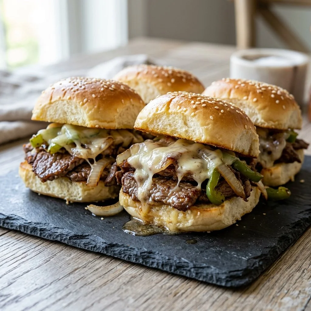 Philly cheesesteak sliders served on a platter with toppings