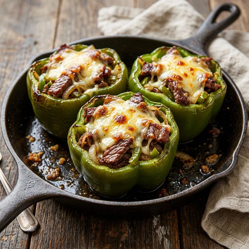 Philly cheesesteak stuffed peppers featuring beef and cheese filling