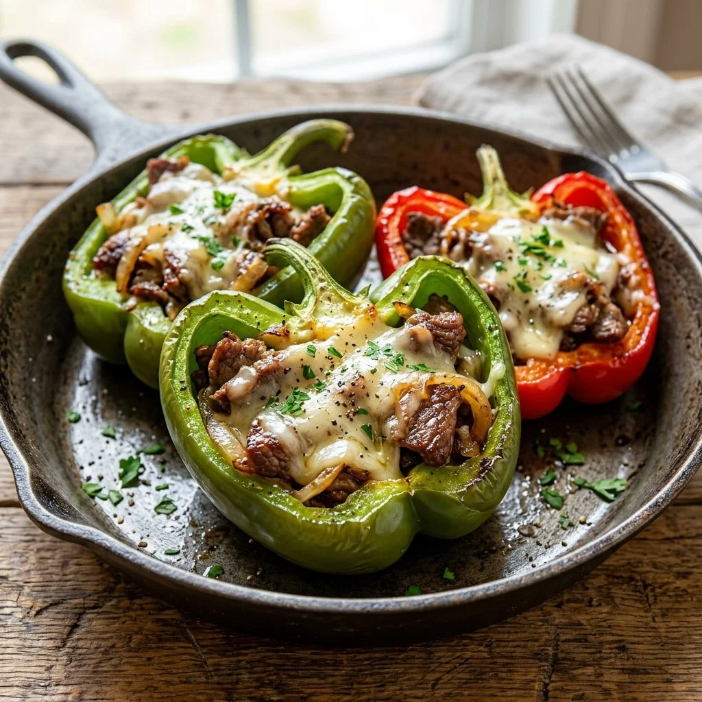 Philly Cheesesteak stuffed peppers with melted cheese and beef filling