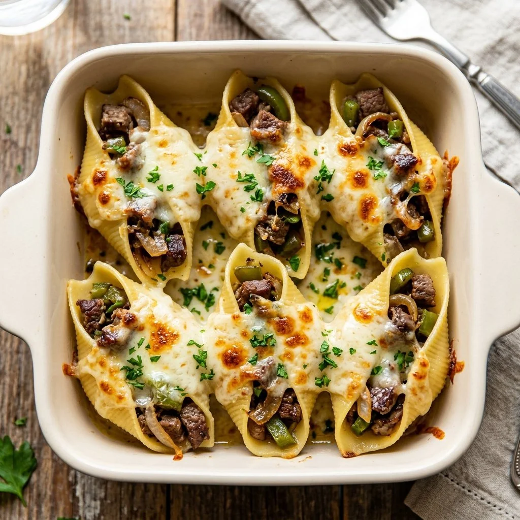 Philly cheesesteak stuffed shells topped with melted cheese and herbs