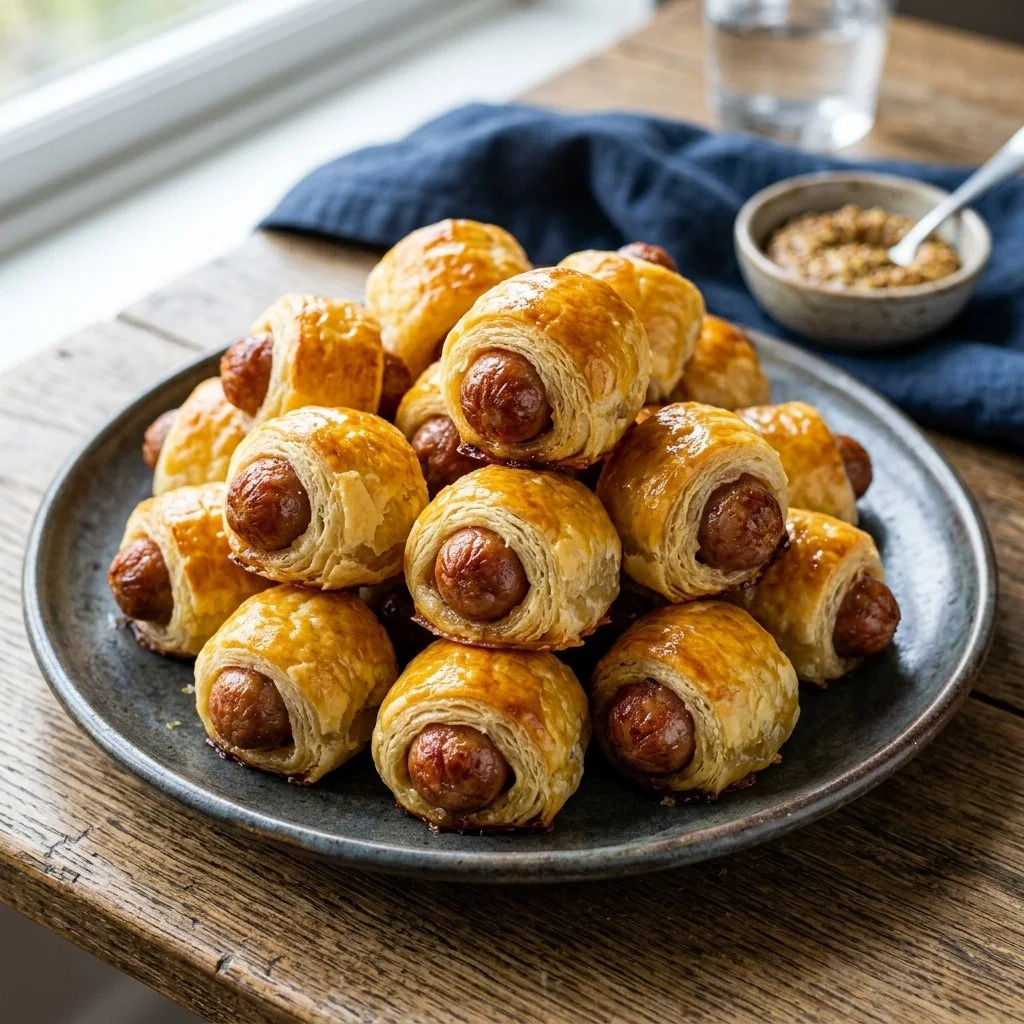 A plate of homemade pigs in a blanket snack with sausages wrapped in dough.