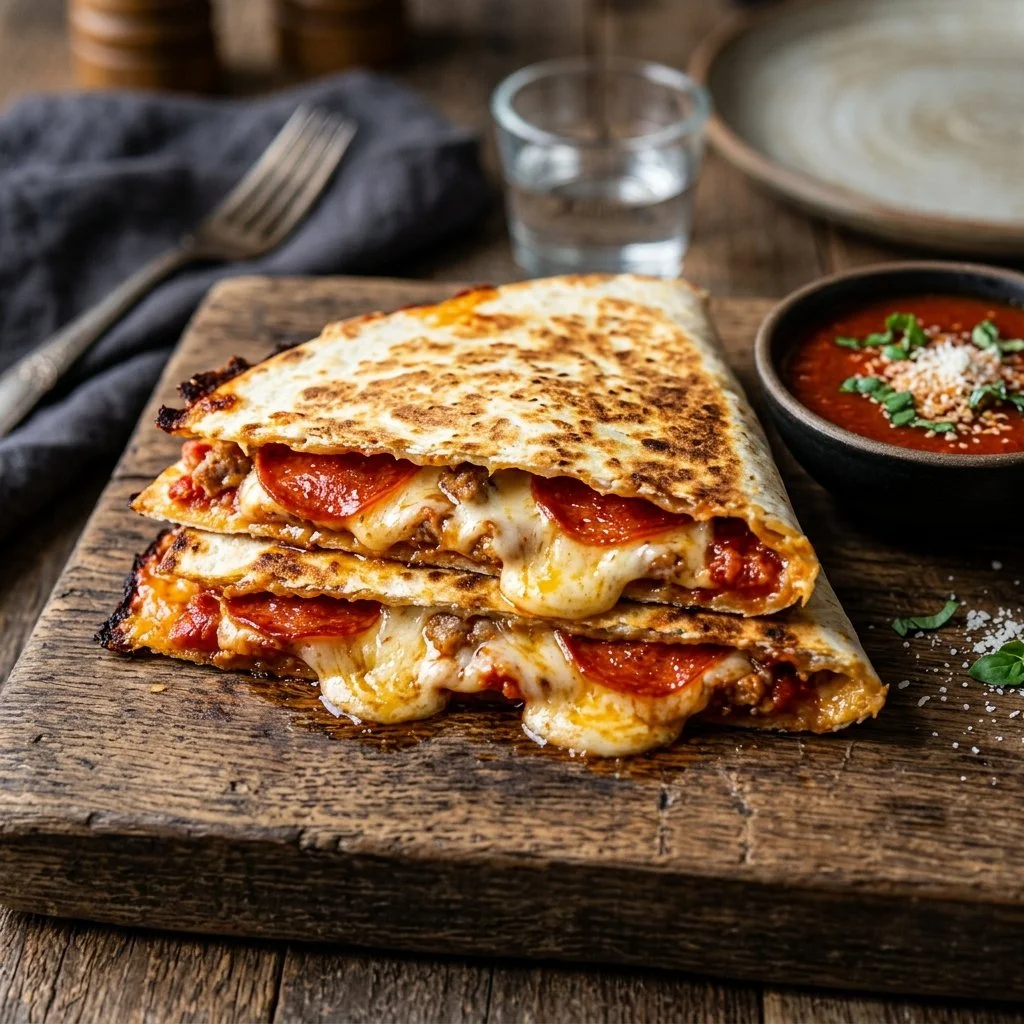 Cheesy Pizza Quesadillas with toppings and melted cheese on a plate