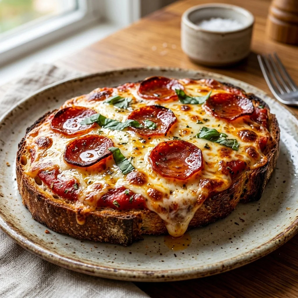 Melted cheese and toppings on pizza toast slices