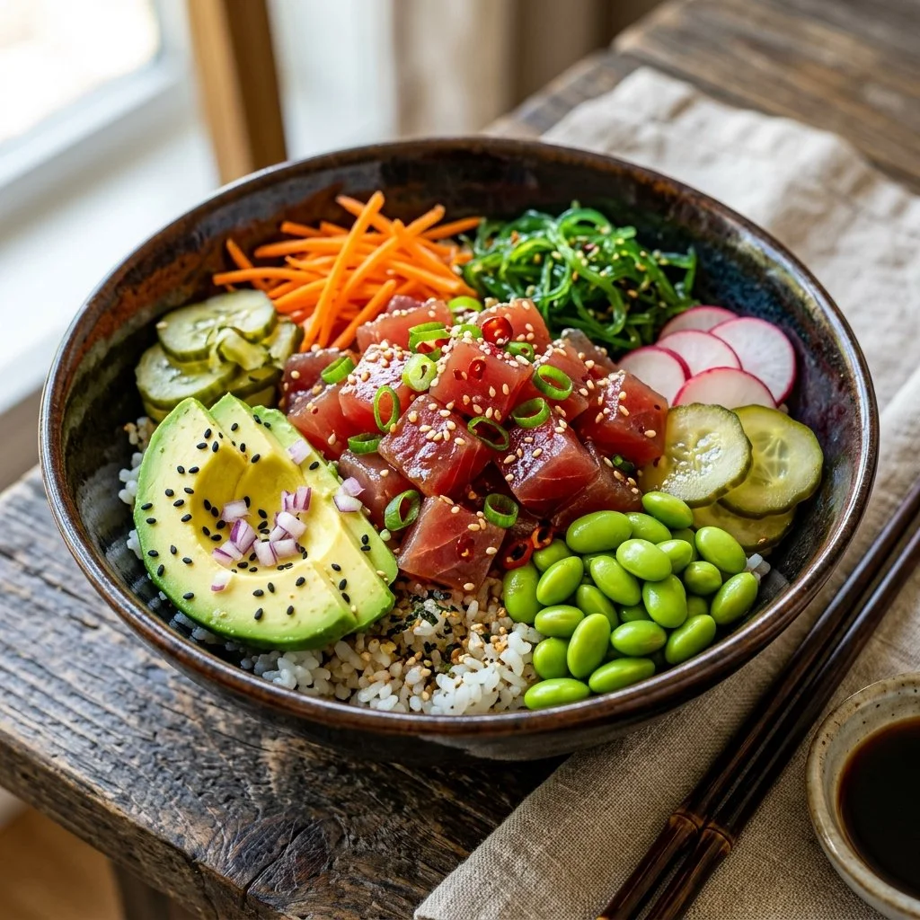 Colorful Poke Bowl with fresh fish, avocado, and vegetables served in a bowl