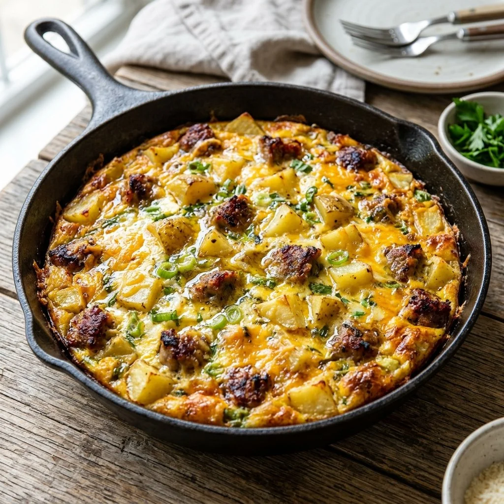 Delicious Potato and Sausage Frittata served on a plate with herbs.