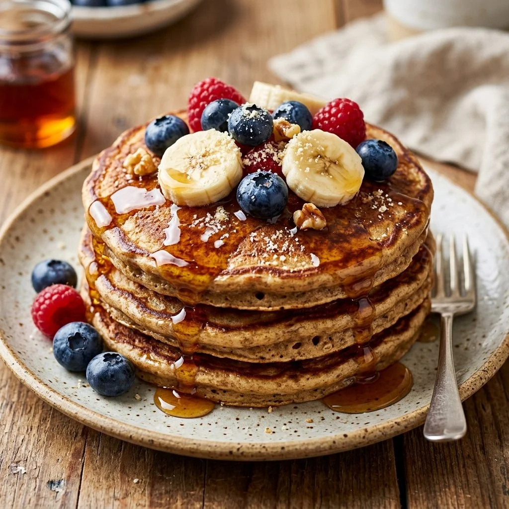 Stack of fluffy protein pancakes topped with fresh berries and syrup