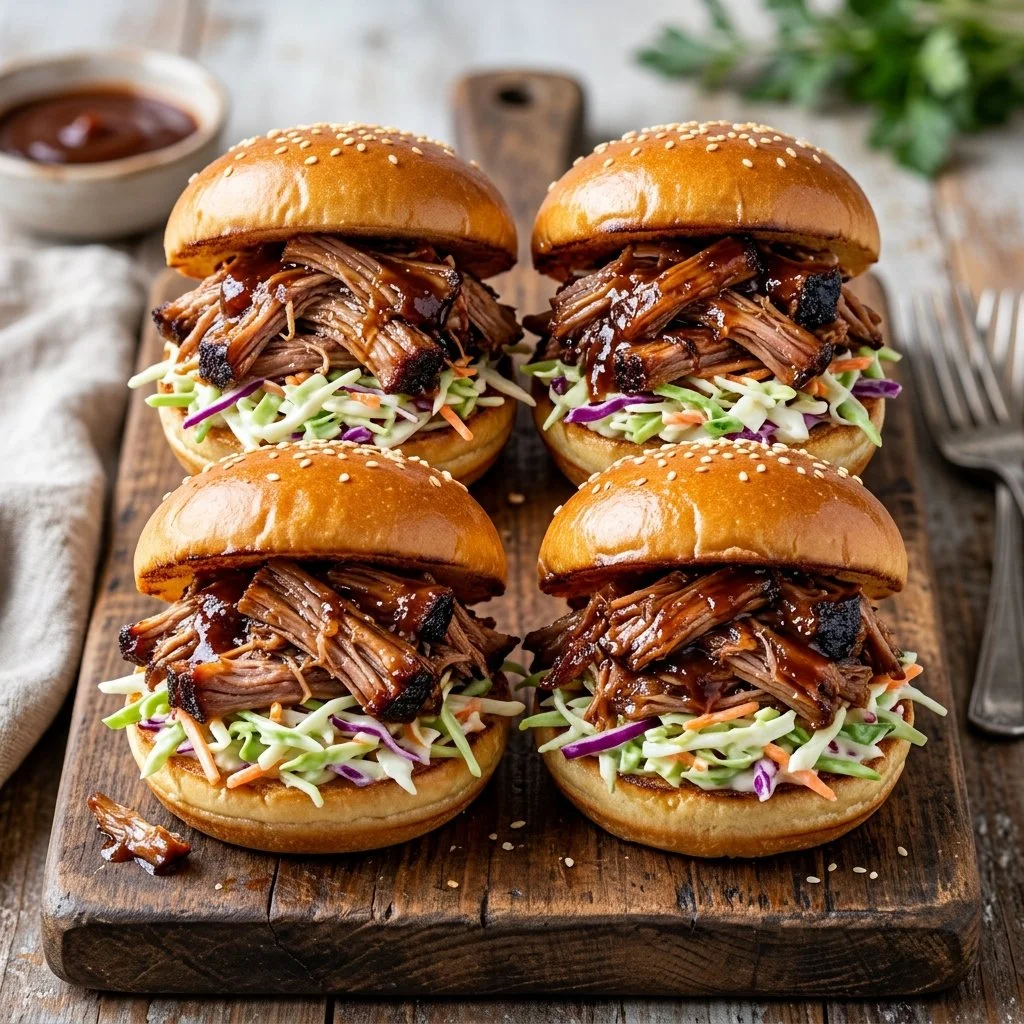 Delicious pulled pork sliders with coleslaw on a wooden platter