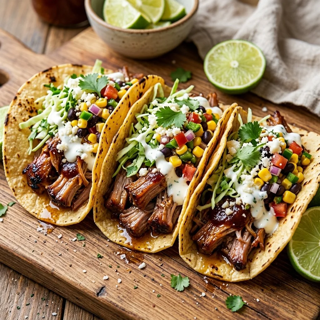 Delicious homemade pulled pork tacos with fresh toppings and salsa
