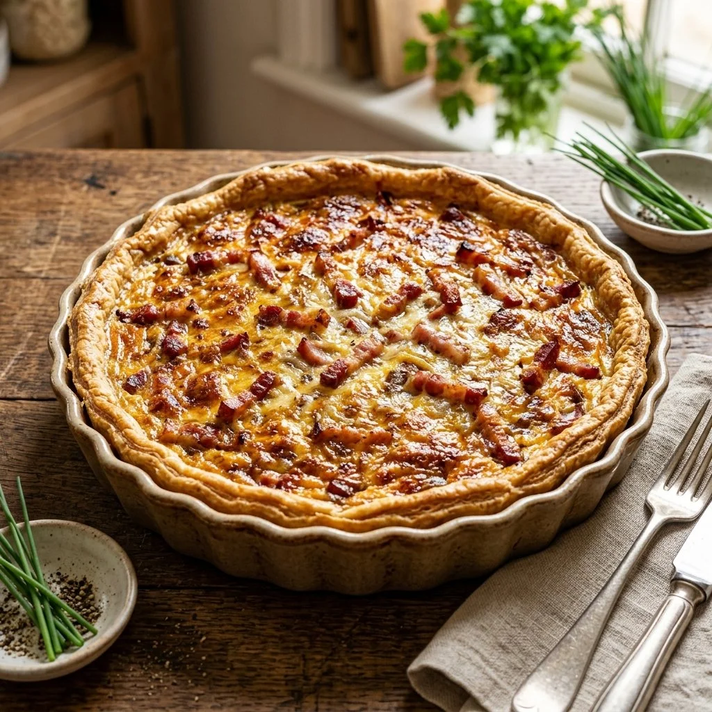 Delicious Quiche Lorraine with bacon and cheese in a flaky crust