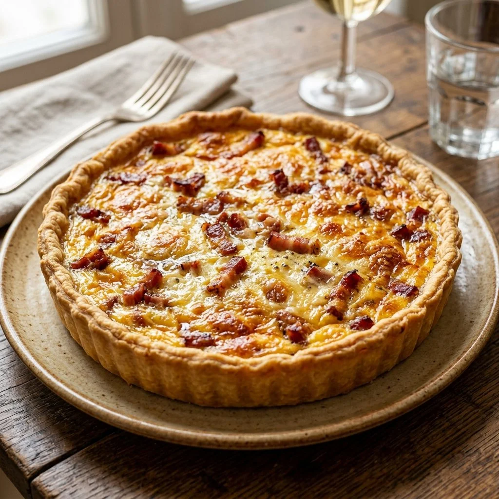 A classic Quiche Lorraine with cheese and bacon in a golden crust