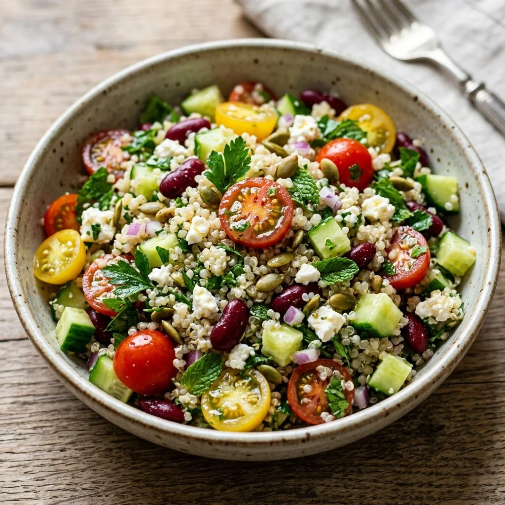 Colorful quinoa salad with fresh vegetables and herbs served in a bowl