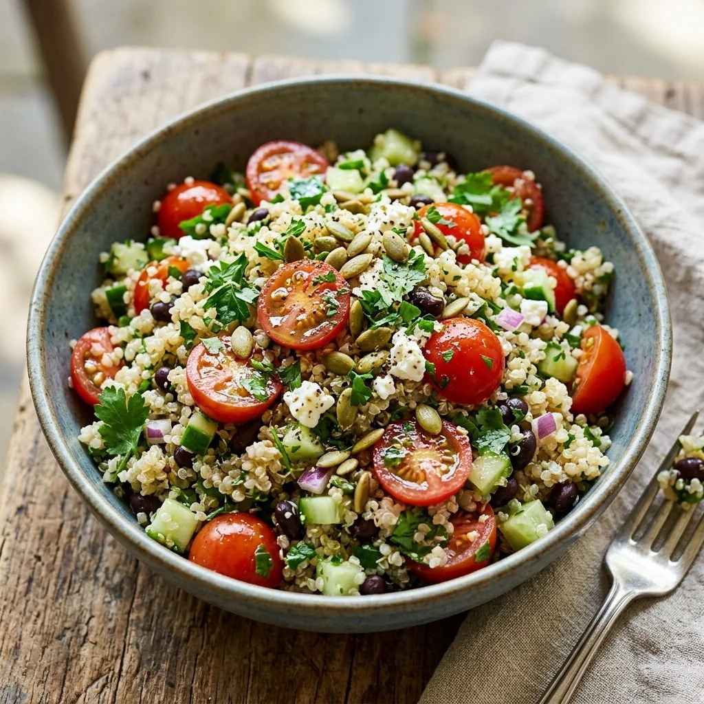 Vibrant quinoa salad with vegetables and herbs in a bowl