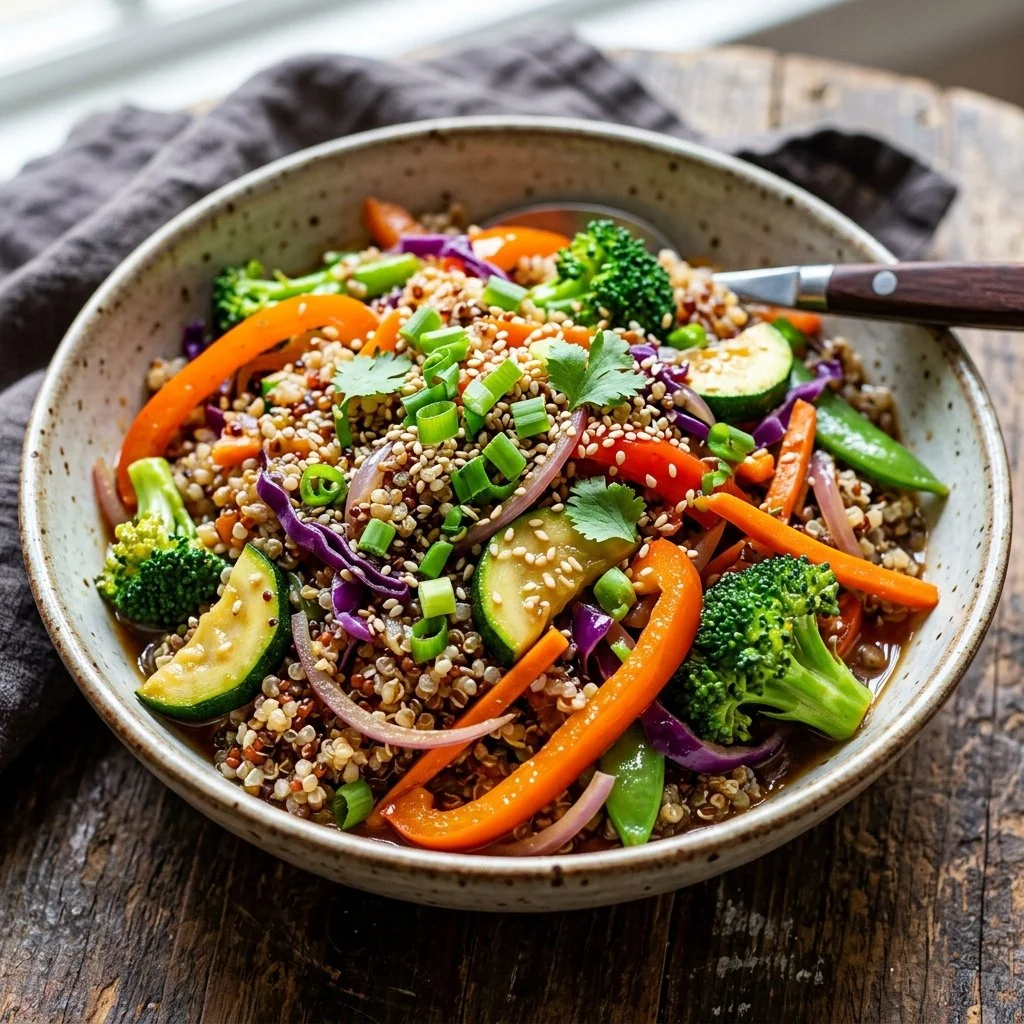 Colorful Quinoa Veggie Stir Fry with fresh vegetables and herbs