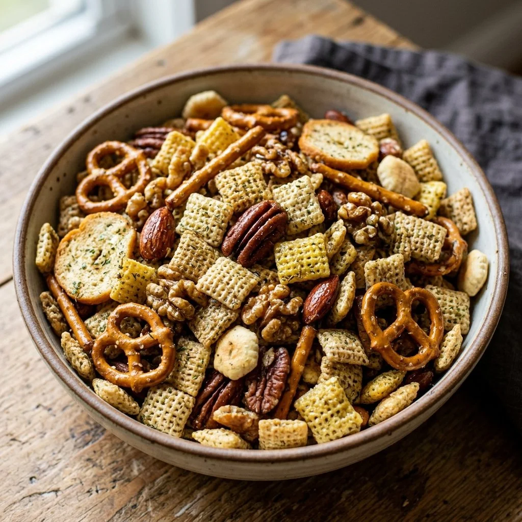 Homemade Ranch Chex Mix with crunchy snacks and savory seasoning blend.