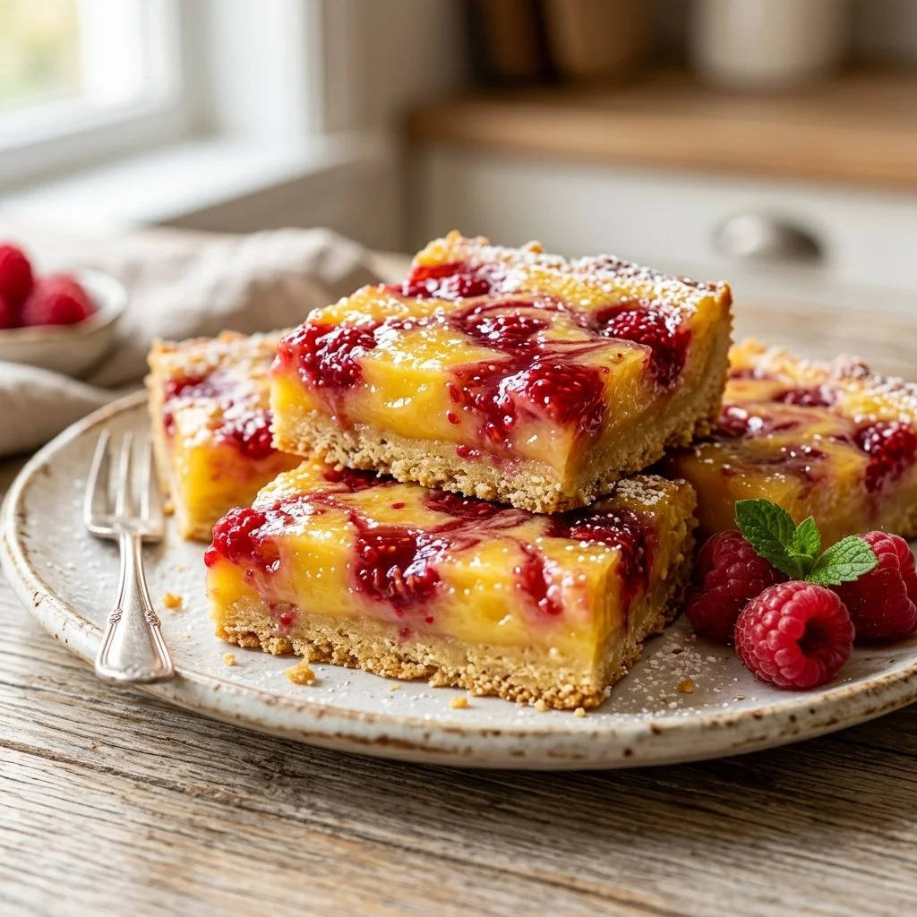 Delicious homemade raspberry lemon bars on a plate