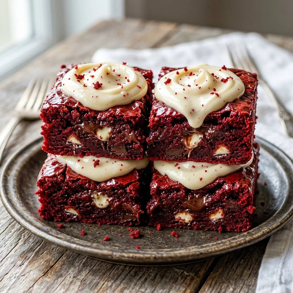 Delicious red velvet brownies topped with cream cheese frosting.