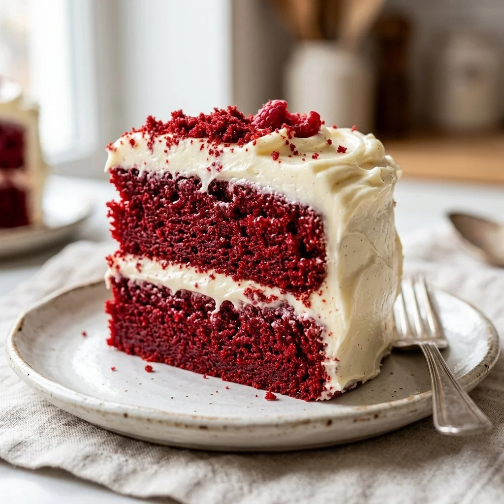 Slice of homemade Red Velvet Cake topped with cream cheese frosting on a white plate