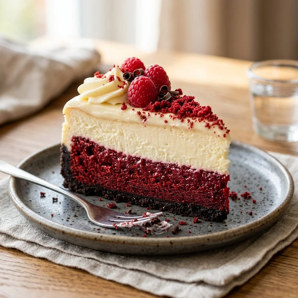 Decadent Red Velvet Cheesecake with cream cheese frosting and a velvety texture