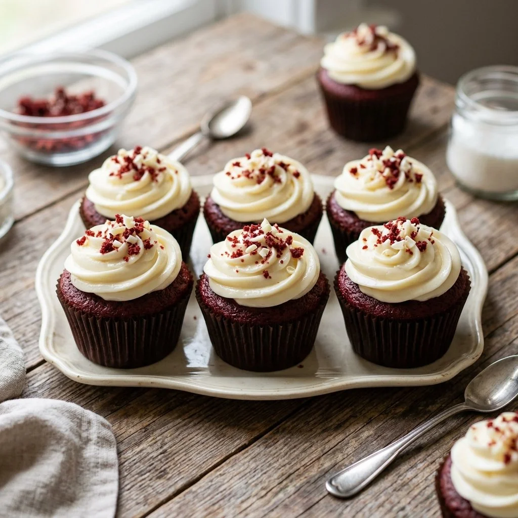 Delicious red velvet cupcakes with cream cheese frosting on a table