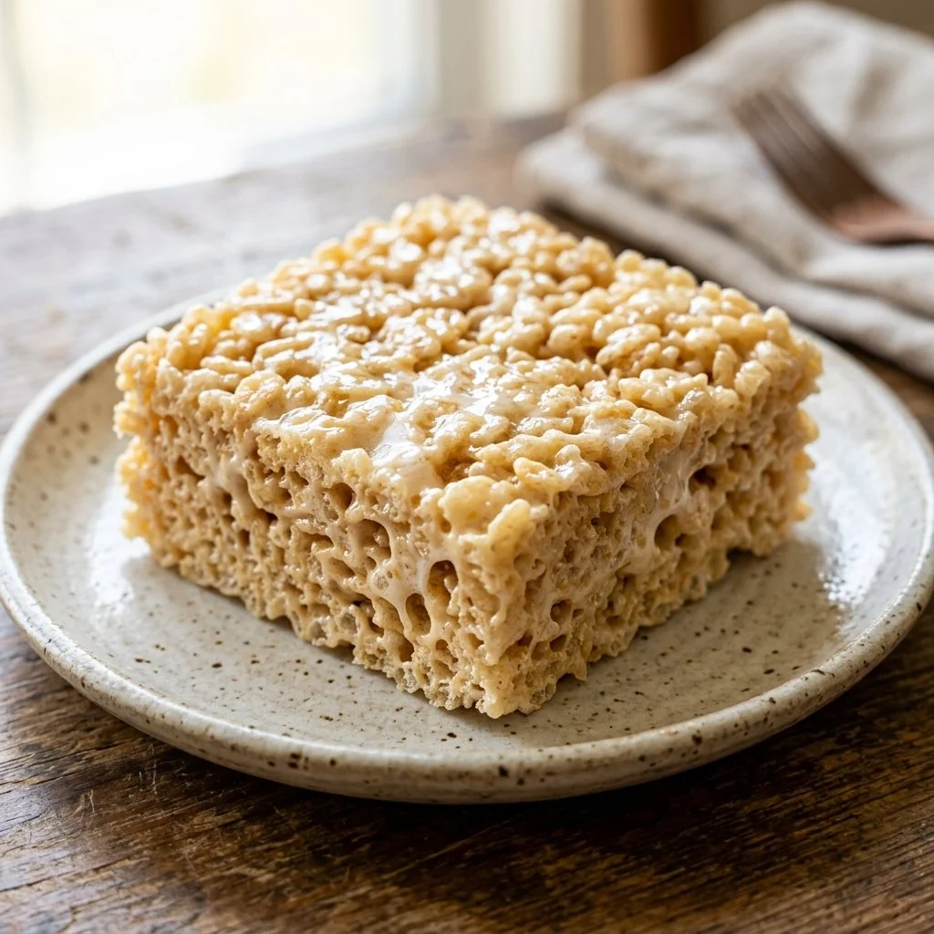 Delicious homemade Rice Krispie Treats stacked on a plate
