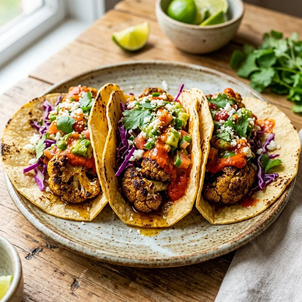 Delicious roasted cauliflower tacos served with fresh toppings and salsa.