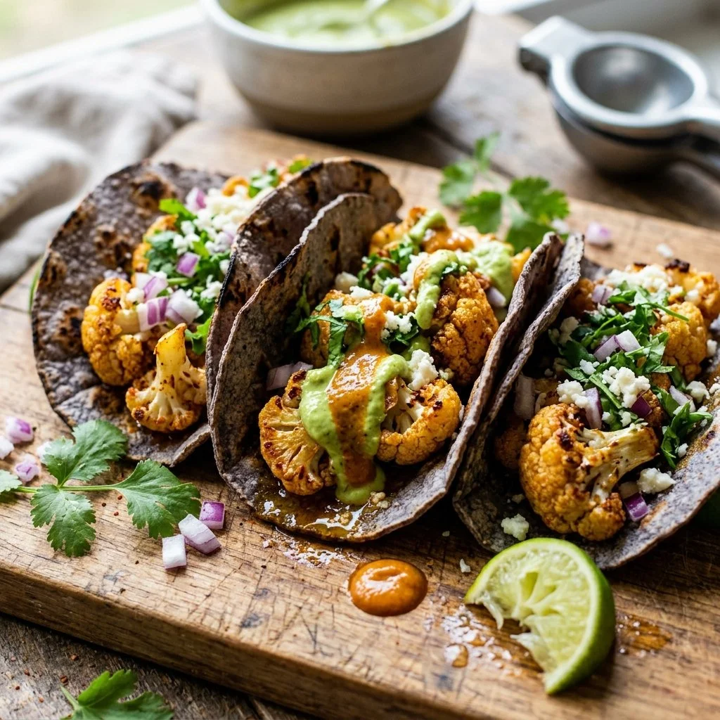 Vibrant roasted cauliflower tacos served with fresh toppings and avocado