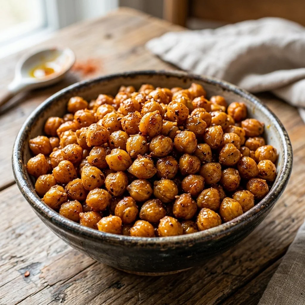 Bowl of crispy roasted chickpeas seasoned for a healthy snack