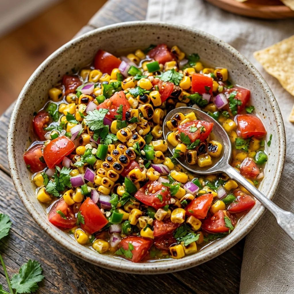 Bowl of fresh roasted corn salsa with vibrant vegetables and herbs.