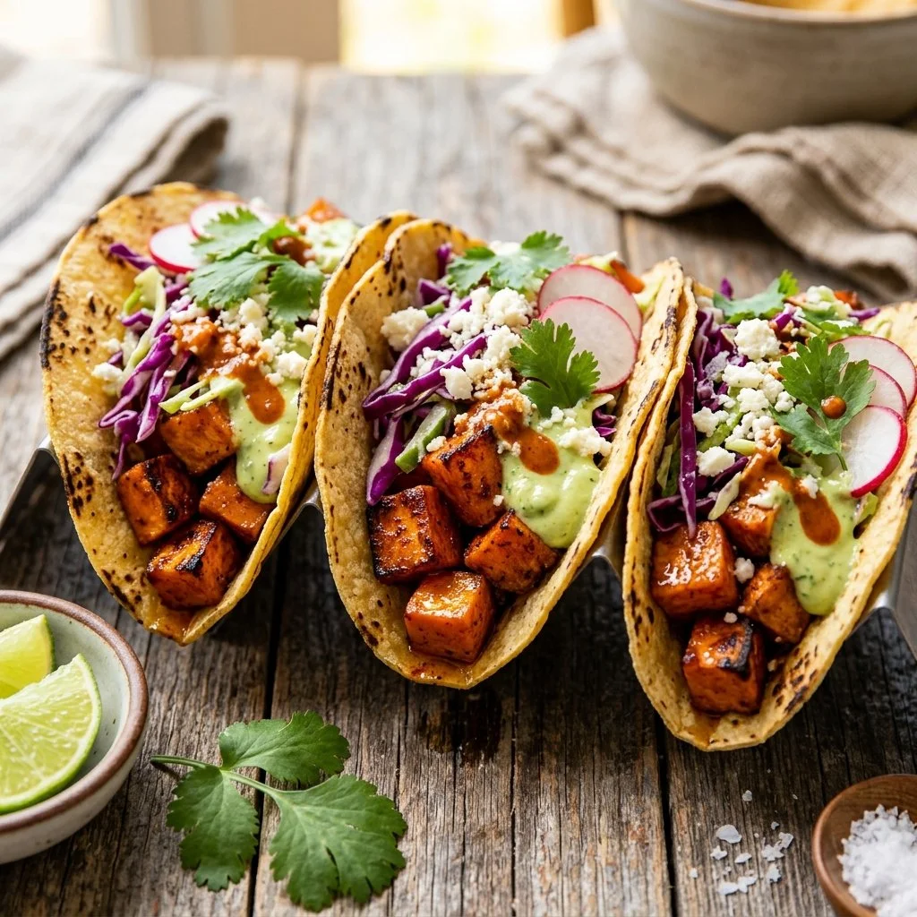 Delicious roasted sweet potato tacos garnished with fresh ingredients.