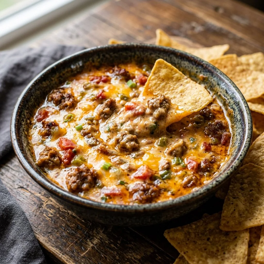Delicious Rotel Sausage Dip served in a bowl with tortilla chips
