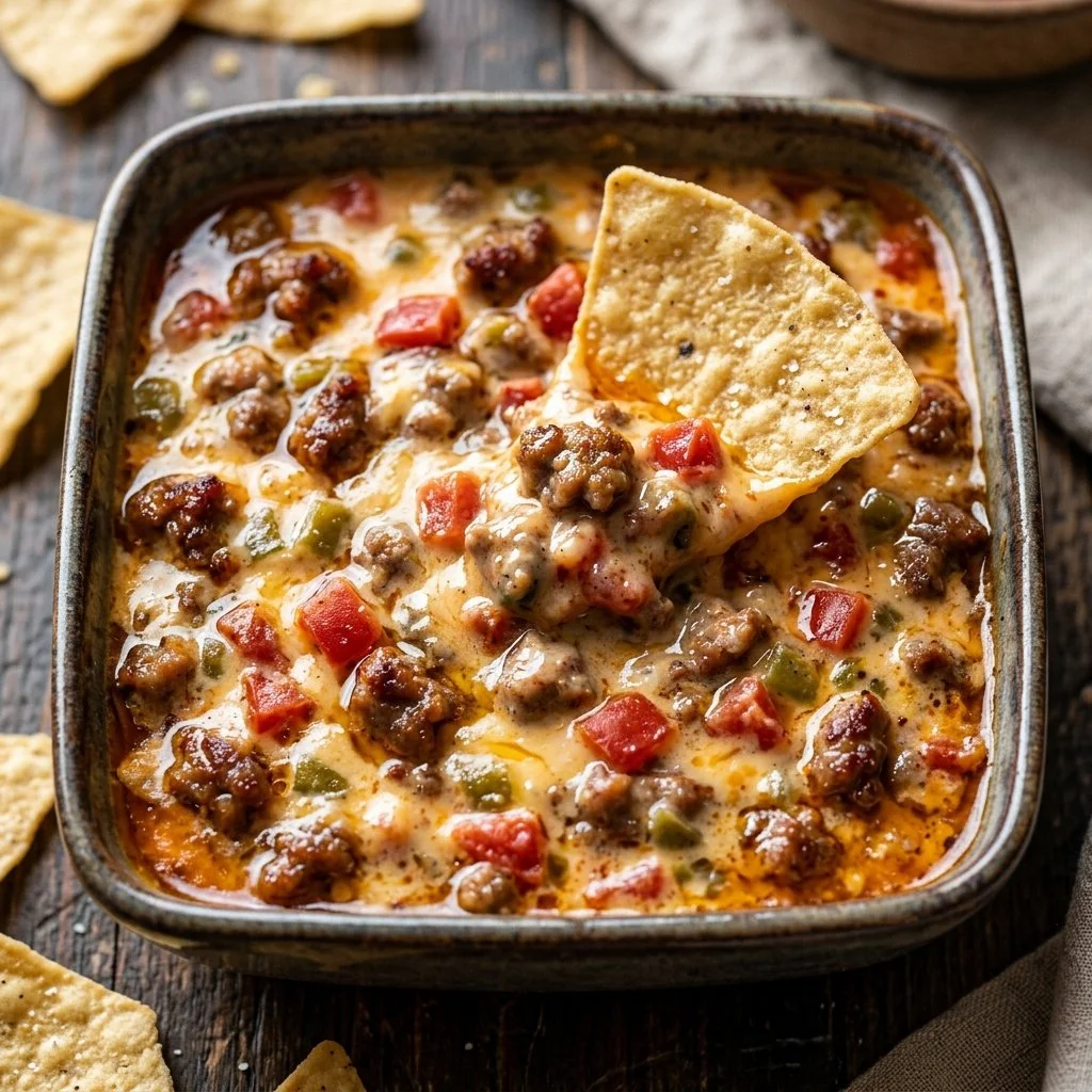 Delicious Rotel Sausage Dip served in a bowl with tortilla chips.