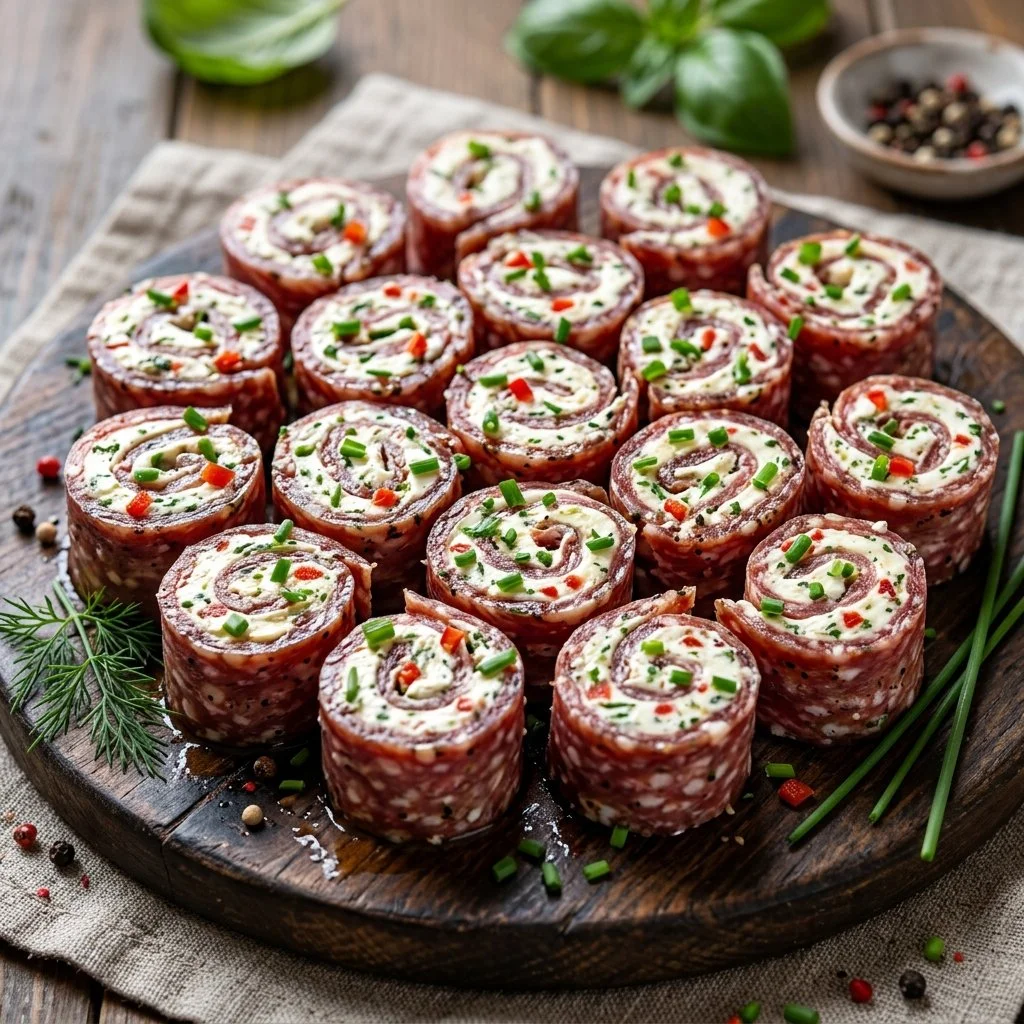 Delicious salami cream cheese roll ups on a platter