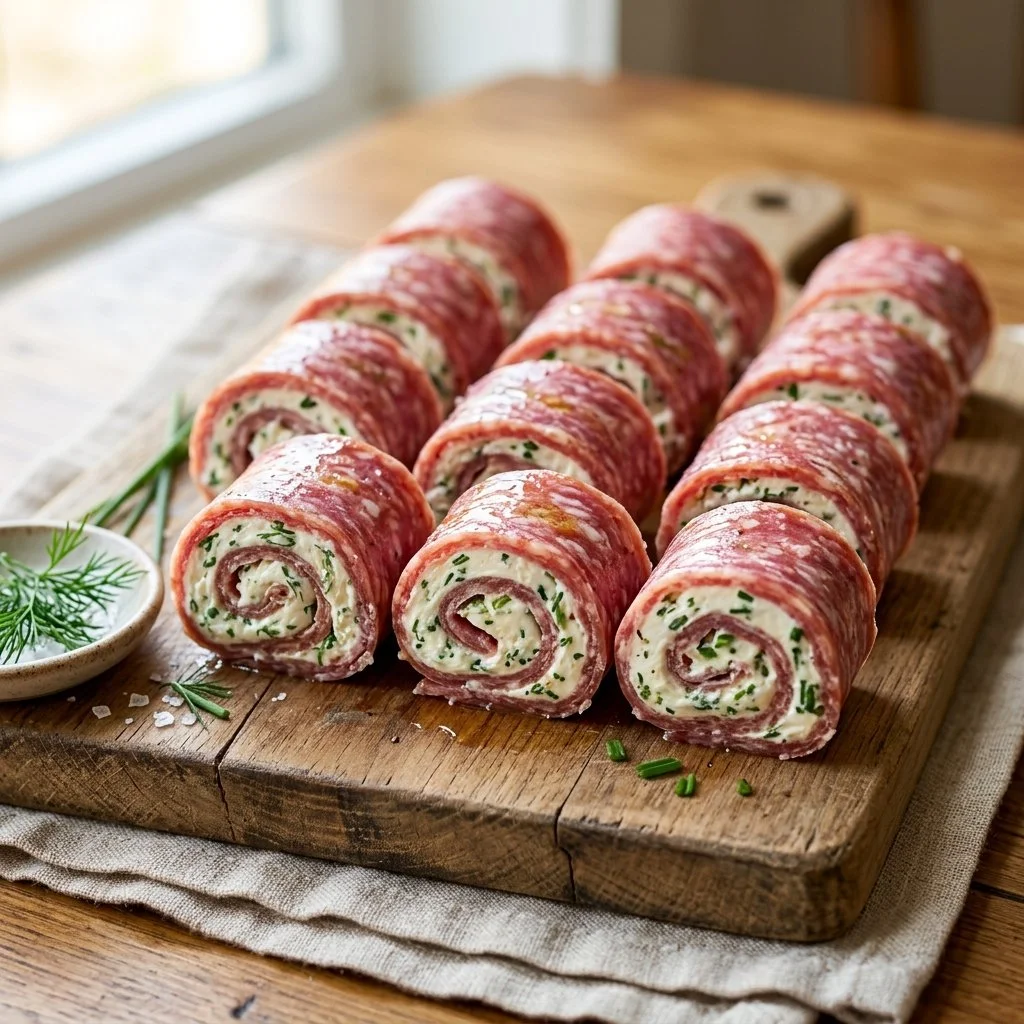 Salami cream cheese roll ups served on a platter
