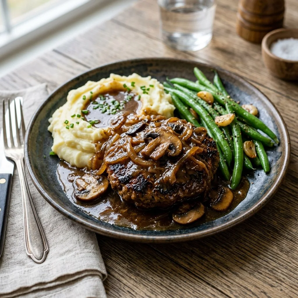 Homemade Salisbury Steak served with gravy and mashed potatoes