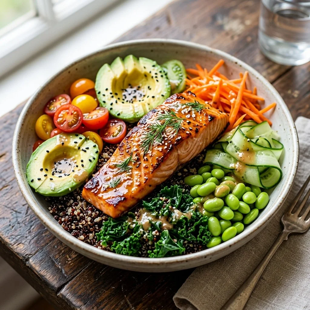 Healthy Salmon Buddha Bowl with fresh vegetables and quinoa